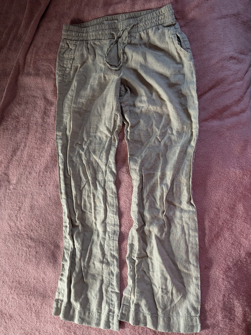 Andrea Jovine Woen's Khaki Elastic-Waist Tie Linen Pants, Size 8